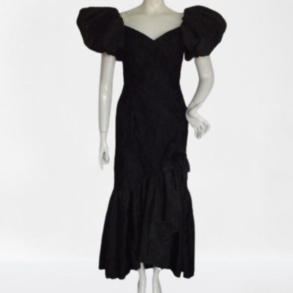Vintage Dresses & Skirts - Vintage Prom Dress, XS, Black, Mermaid, Statement Shoulders, Poof sleeves